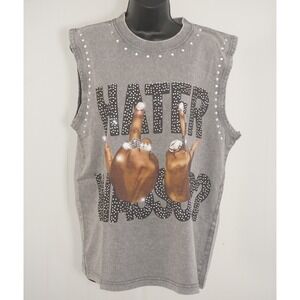 Double Crazy Small Gray Cotton Muscle Tee Rhinestone Graphic Tank Top